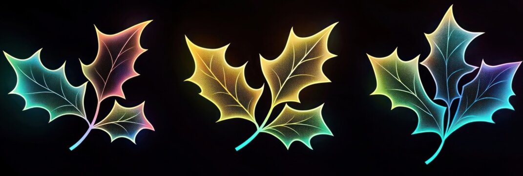 Set of three minimalist glowing holly leaf designs with gradients from neon yellow to neon blue, softly highlighted against a black background