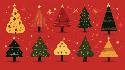 Obraz premium Set of Christmas tree icons with star decorations on a festive red background, perfect for holiday designs and seasonal greetings