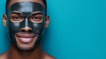 Young man enjoying a black mud mask treatment with a bright smile against a pink background