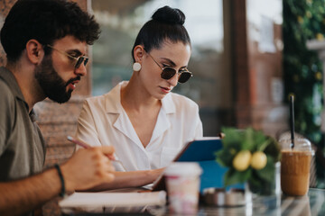 A business meeting between two colleagues at a coffee shop discussing important work on a tablet. Professional setting with focus and concentration.