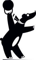 Cute bear does exercises with a sports kettlebell. 
Cartoon bear does exercises with the heavy a sports kettlebell. Black and white illustration

