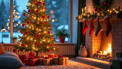 Decorated room with fireplace and Christmas tree with gifts, snowy landscape outside the window. Creating a cozy and warm atmosphere for your family during the winter holidays