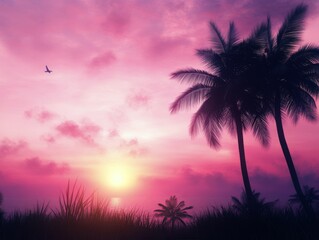 Obraz premium Sunset over tropical landscape with palm trees and vibrant colors in the sky at dusk