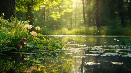 Obraz premium Serene Forest Scene with a Squirrel by a Tranquil Pond Surrounded by Lush Greenery and Water Lilies, Capturing the Essence of Nature and Wildlife in Morning Light