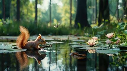 Serene Brown Squirrel Playing on Lily Pads in Reflection Pond Surrounded by Lush Greenery and Soft Morning Light in Tranquil Natural Environment