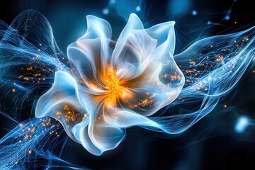 Naklejka premium a surreal depiction of a luminous abstract flower with translucent blue petals, glowing orange center, and intricate light filaments, evoking a sense of energy, beauty, and futuristic elegance