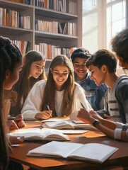 Obraz premium Happy team of high school girls and guys studying together. Group of multiethnic classmates smiling in university library. Group of young people sitting at table working on school assignment.
