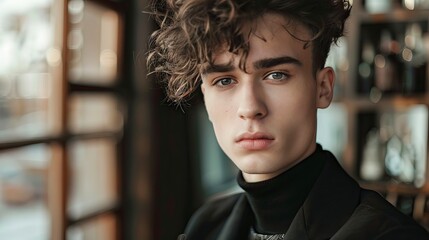 Young caucasian man with light makeup posing indoors. concept of modern masculinity, self-expression, contemporary fashion, confidence, and gender fluidity. Gay man, LGBT