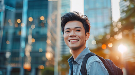 Naklejka premium Cheerful Asian Man with Backpack Smiling in Urban Setting. Concept of Happiness, City Life, Modern Youth, and Positive Energy. Gay man, LGBT