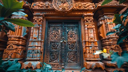 Intricately carved wooden door with ornate details and lush surroundings for architectural inspiration