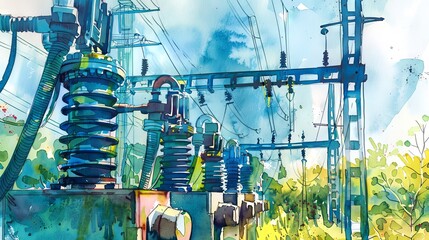Watercolor illustration of high voltage power lines and structures in a scenic landscape. Electric Power Plant