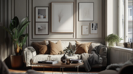 "Frame mockup displayed in a Scandinavian-inspired interior, featuring minimalist design elements. The 3D rendering/illustration highlights a clean and modern space, ideal for showcasing artwork 