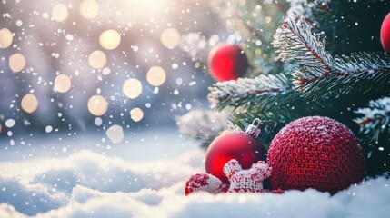 Obraz premium Beautiful festive Christmas snowy background. Christmas tree decorated with red balls and knitted toys in snowdrifts, outdoors, banner format