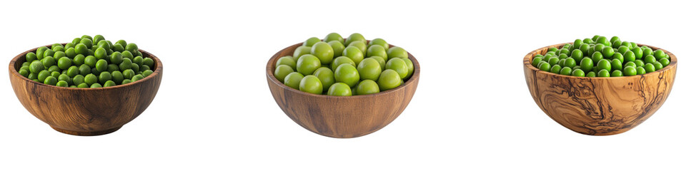 Green peas in a wooden bowl isolated on transparent background, Set of