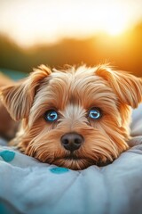 A cute dog with blue eyes resting on a blanket during sunset in a relaxed outdoor setting