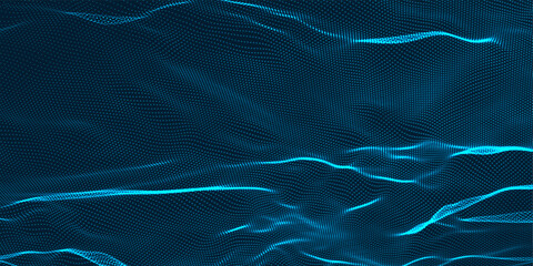 Futuristic dot wave. Abstract digital particle wave. Technology background. Colored musical wave. Digital background with smooth, wavy curves. 3D rendering
