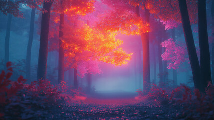 Fototapeta premium path through a misty forest, trees with vibrant pink and orange leaves