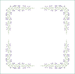 Elegant green vegetal ornamental frame with leaves and purple flowers, decorative border, corners for greeting cards. Isolated vector illustration