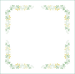 Elegant green vegetal ornamental frame with leaves and yellow flowers, decorative border, corners for greeting cards. Isolated vector illustration