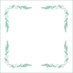 Elegant green vegetal ornamental frame with leaves and flowers, decorative border, corners for greeting cards. Isolated vector illustration