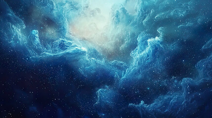 Abstract ocean of stars with swirling blue waves, cosmic fluid motion, ethereal atmosphere