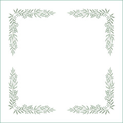 Elegant green vegetal ornamental frame with leaves and olives, decorative border, corners for greeting cards. Isolated vector illustration