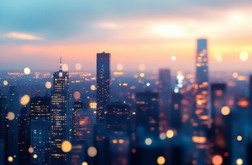 Fototapeta premium City skyline at sunset with snowflakes falling in city during winter evening