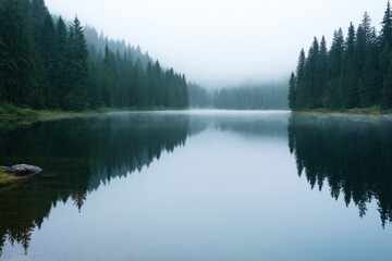 Fototapeta premium A lake with a foggy sky in the background. The water is calm and still. The trees surrounding the lake are tall and green