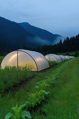 Obraz premium A row of greenhouses are lined up in a field. The greenhouses are covered in plastic and are illuminated by lights. The scene is peaceful and serene