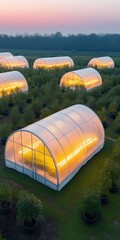 Obraz premium A greenhouse with many greenhouses in it. The greenhouse is lit up with lights. The greenhouse is surrounded by trees