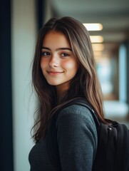 Fototapeta premium Portrait of beautiful college student standing in hallway school while looking at camera. Intelligent university girl with backpack smiling. Proud and satisfied teen in high school corridor standing.
