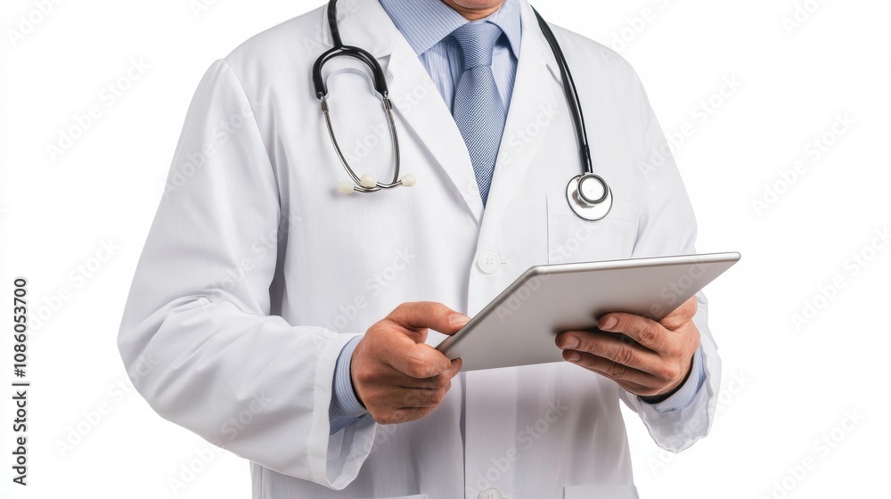Aufkleber A doctor dressed in a white coat is attentively reviewing patient notes on a tablet in a clinical environment during working hours. Generative AI
