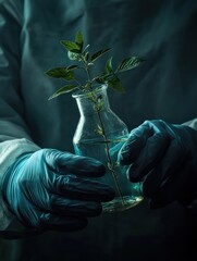 Scientist holding test flask with plant on dark background