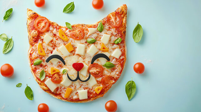 A delightful pizza slice shaped like a cat, topped with fresh vegetables, is presented on a light blue background, creating a playful culinary scene