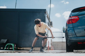 A young man uses a pressure washer to clean his car outdoors under a clear blue sky, reflecting car maintenance and cleanliness.