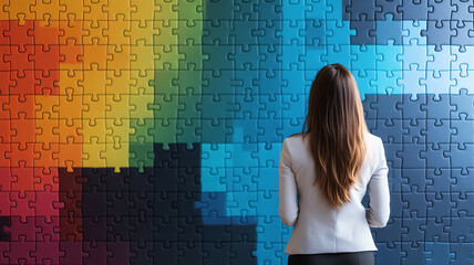 businesswoman stands thoughtfully in front of large, colorful puzzle on wall, contemplating solutions. vibrant hues create dynamic and inspiring atmosphere