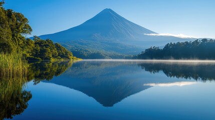 Volcanic mountain in morning light reflected in calm waters of lake