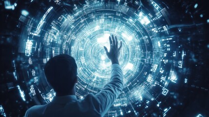 top view of businessman hand working with modern technology and digital layer effect as business strategy concept