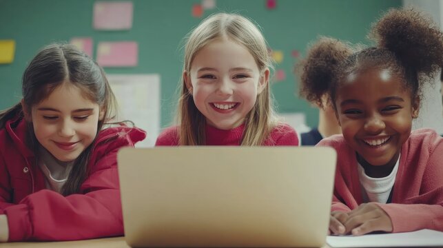 Three happy smiling multiethnic cheerful preteen schoolmates working together watching learning video using laptop computer during lesson in classroom. Modern technologies for education concept.
