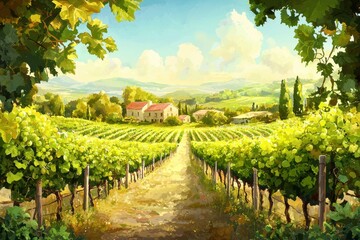 Naklejka premium A painting of a vineyard with a house in the distance
