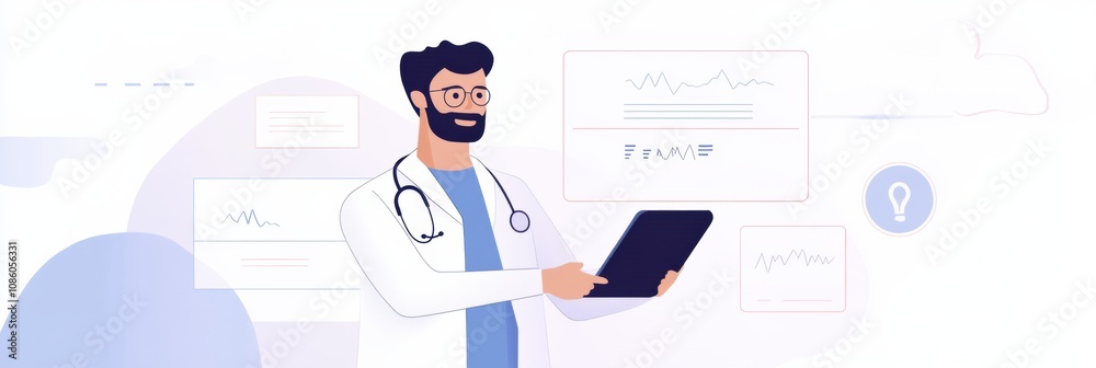 Poster a doctor in a white coat smiles while examining information on a tablet, surrounded by charts and gr