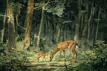 A mother deer and her baby deer are grazing in a forest