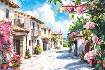 Obraz premium A street scene with a house on the left and a house on the right