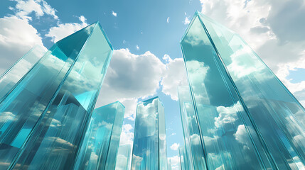 Surreal glass towers reflecting sky and clouds. Dreamscape Abstract. Illustration