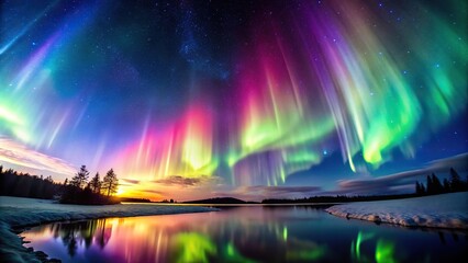 Bright and colorful aurora lights in the night sky with wide angle view, against a black background
