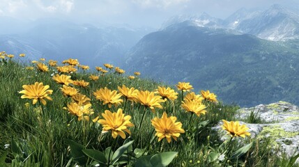 Obraz premium Yellow flowers on summer mountain slope. Pikuj Mountain, Carpathian, Ukraine.