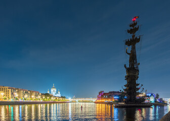 Moscow river and Peter the Great Statue in summer night. Sculpture by Zurab Tsereteli. One of the...