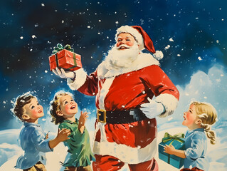 a vintage illustrated scene of santa claus holding a gift while surrounded by smiling children in a snowy nighttime setting