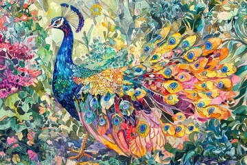 Fototapeta premium A colorful peacock is depicted in a lush green forest