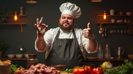 A cheerful chef playfully tosses veggies and meat in a busy kitchen while cooking a tasty meal.